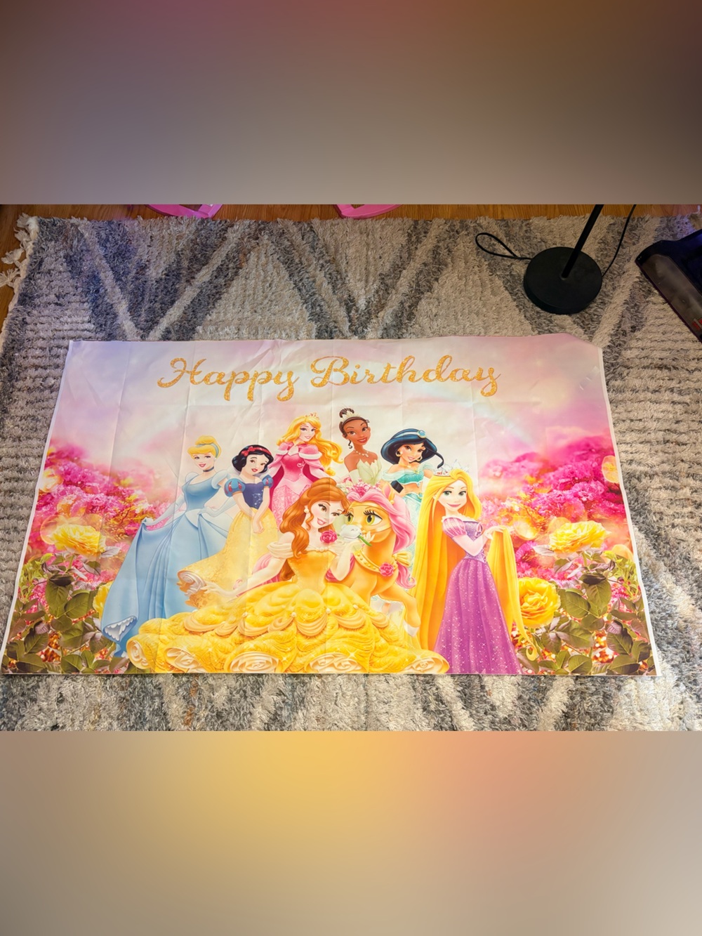 Disney Princess "Happy Birthday" Party Backdrop - Pink, Yellow, Blue